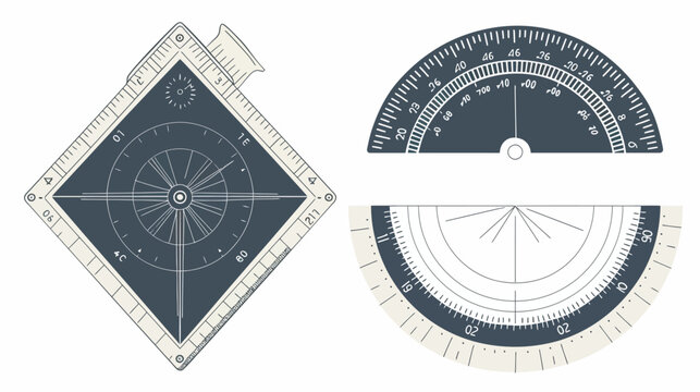 Technical drawing of measuring instruments with a square, and two semicircular scales