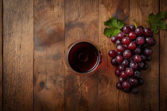 premium red wine glass paired with ripe grapes set against a warm atmospheric background of authentic wooden wine barrels in a cellar