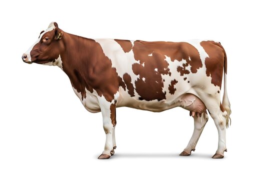 Brown and white spotted cow standing sideways on white background brown and white cow