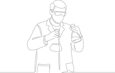 Obraz premium One Line Handdrawn Scientist Holding Flask Experiment In Laboratory Illustration
