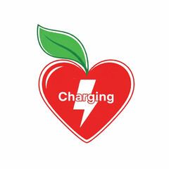 Fototapeta premium A vibrant red heart with a green leaf and a lightning bolt symbol inside says Charging.
