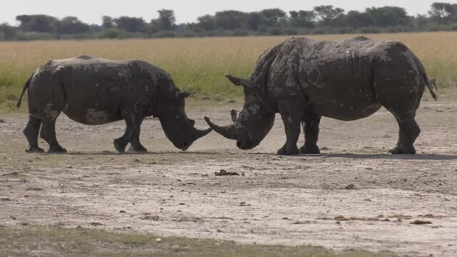 White Rhinoceros Adult and Calf Sparring in Open Savanna  interaction on flat, dry ground
