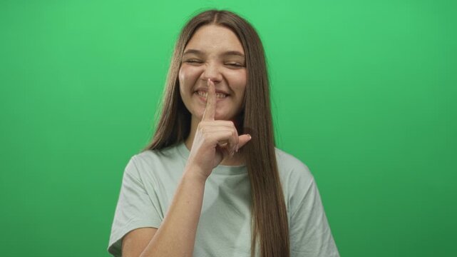 Teen girl with straight hair holds a finger to her lips in a green studio space to demonstrate silence gesture; hush secrecy.