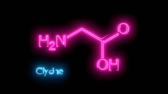 Glycine molecular structure. Glycine skeletal chemical formula. Glycine on a yellow background. Neon glowing.