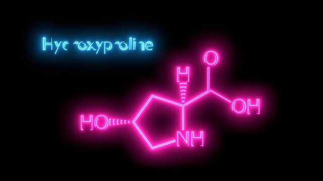 Hydroxyproline chemical structure. Amino acid. Chemical molecular formula. Neon glowing.