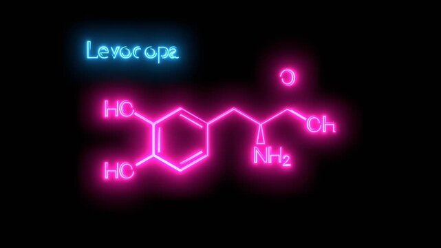 Levodopa molecule, structural chemical formula. It is an amino acid, is used to increase dopamine concentrations in the treatment of Parkinson's disease. Neon glowing.