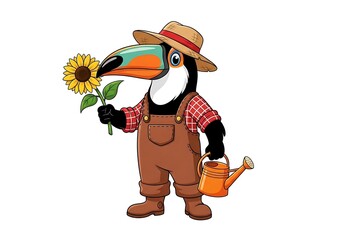 Naklejka premium Toucan in overalls and straw hat holding sunflower and watering can bird