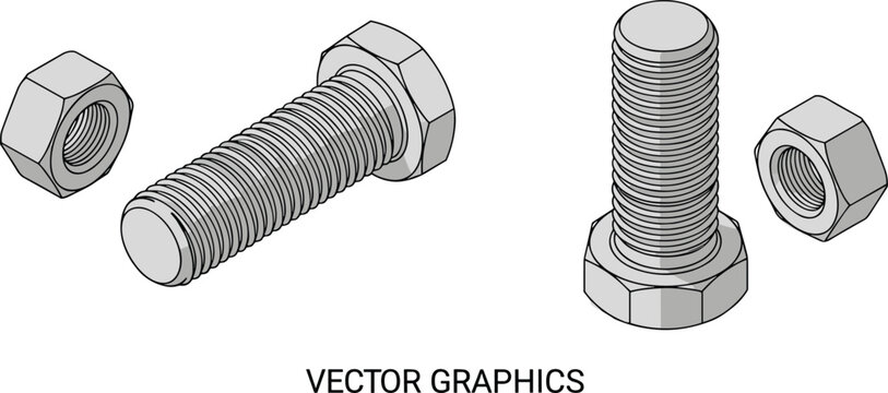 Isometric Bolt and Nut Vector Illustration with Threaded Fasteners, Industrial Hardware Components, Engineering Equipment and Mechanical Parts Design Collection