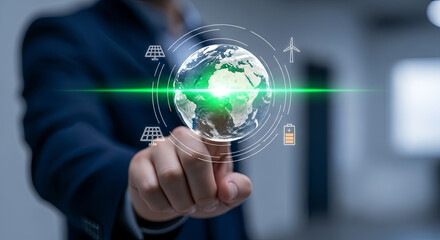 Obraz premium Businessman interacting with digital Earth interface representing global renewable energy network