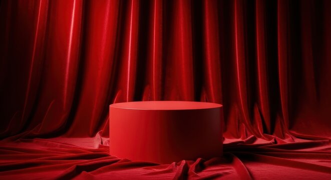 A red velvet curtain backdrop with a cylindrical podium or stage for product display or presentation