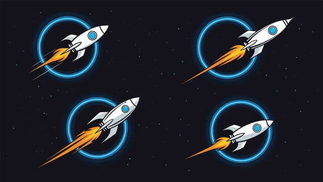 Cartoon rocket ships soaring through the dark night sky with bright blue circular energy trails and fiery exhaust flames in outer space.
