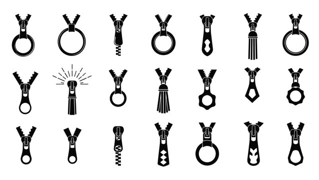 Variety of black zipper slider icons with different puller shapes and styles displayed on a plain white background.