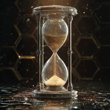 Glass Hourglass with Flowing Golden Sand.