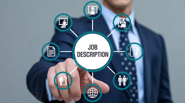 A professional businessman in a suit points to a central job description text surrounded by interconnected HR icons in a bright conceptual setting sho