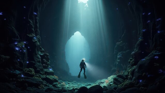 Diver exploring a luminous underwater cave