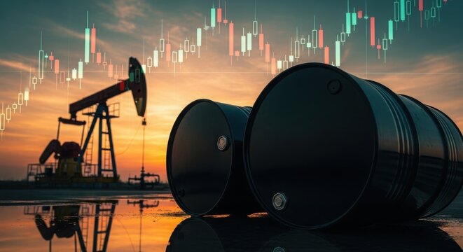 Oil pumpjack and storage tank amid financial market charts at sunset