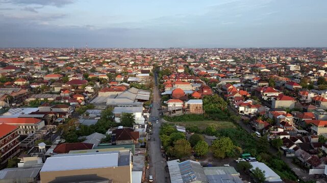 Aerial View of Denpasar Bali Residential Neighborhood at Sunset