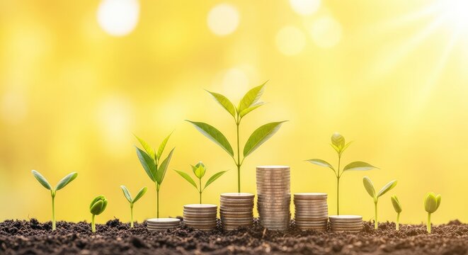 Financial Growth and Investment Concept with Stacks of Coins and Green Seedlings Growing in Soil Against Golden Sunlight Background
