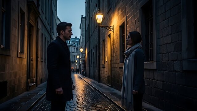 Two men standing in a dark alleyway.