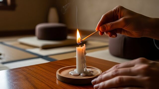 Hands lighting a candle with matchstick.