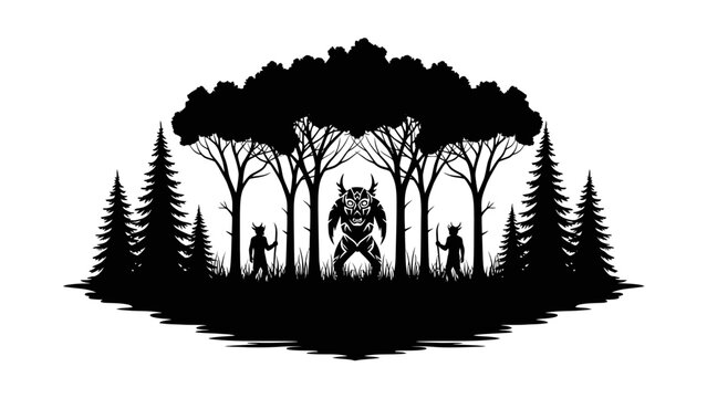 mythical creature in forest with trees and wolves