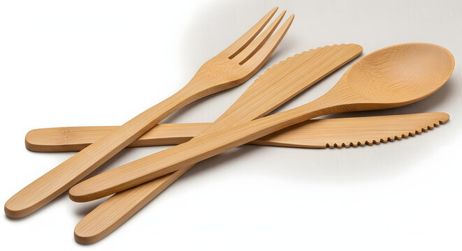 Bamboo wooden cutlery set including fork knife spoon and spork on white surface transparent background
