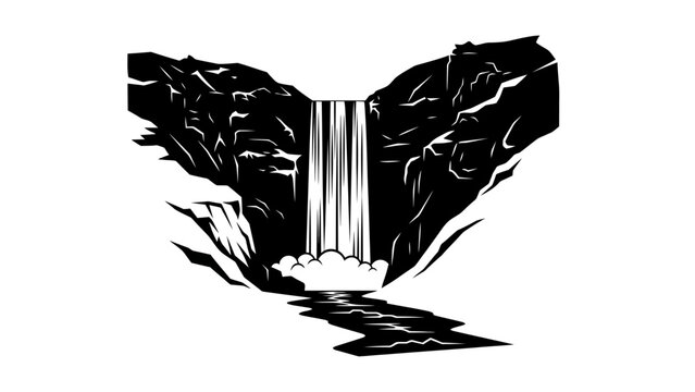 black and white illustration of waterfall flowing from cliff