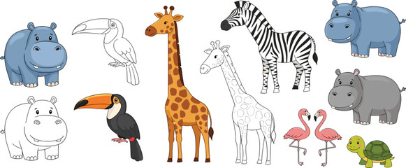 Obraz premium Cute Zoo Animal Cartoon Set with Giraffe Zebra Hippo Flamingo Toucan Turtle and More, Adorable Wildlife Collection for Kids Illustration and Vector Design