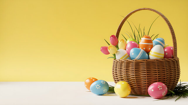 Wicker basket filled with colorful easter eggs and spring tulips on white table against yellow wall background with copy space for advertising and seasonal holiday greeting card design