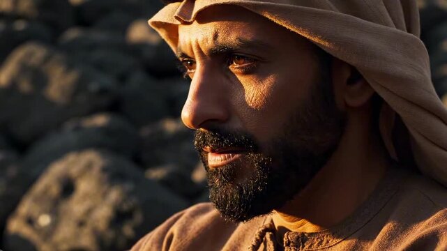 Cinematic close-up portrait of arabic men in desert sunset light, featuring a serious bearded figure in draped headscarf, rocky background, expressive eyes, and detailed weathered skin texture