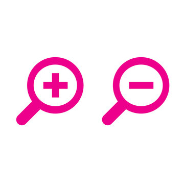 Bright pink pair of simple magnification symbols indicating the capability to increase or decrease visual scale on a screen.
