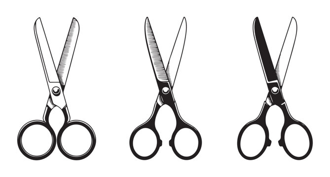Vintage engraved style scissor illustrations with detailed shading for barber shops and tailor branding.