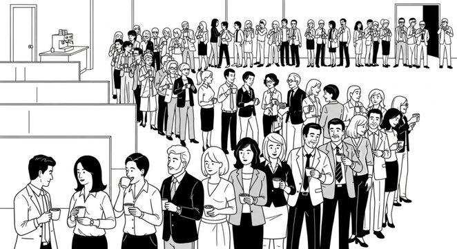 A large group of people standing in a queue, some interacting.