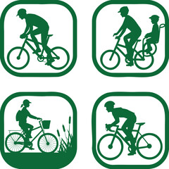 Obraz premium Four green bicycle rider silhouettes show different people cycling on various bikes for activity