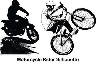 Obraz premium Motorcycle rider jumping through dirt and a BMX biker performing a dynamic wheelie stunt