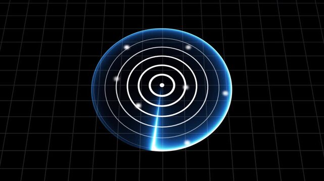Digital radar screen interface with blue glowing concentric circles and scanning line on black grid background