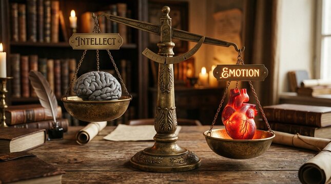 Antique brass balance scale on wooden desk, brain model on one side, heart model on other, surrounded by books, globe, and warm lamp light symbolizing balance of logic and emotion in contemplative stu