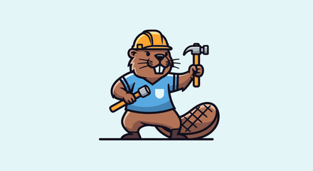 Fototapeta premium Cartoon beaver with tools and protective helmet ready for work