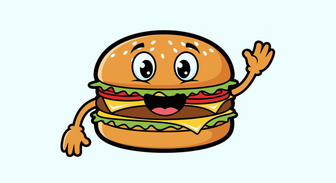 Cartoon burger character waving hello with fresh ingredients and smiling face
