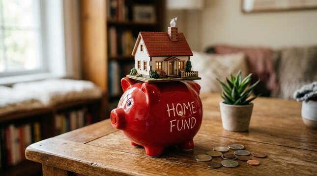 Red piggy bank on wooden table with small model house on top, coins scattered around, stack of paper currency nearby, bookshelf and window in background symbolizing saving for home and financial inves