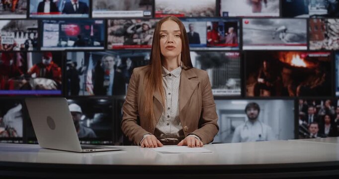Confident Female Journalist Reports Current Affairs From News Set Surrounded by Multiple Screens Showing World Coverage. Concept Fast Information Flow, Digital Media Production, 24 Hour News Cycle.