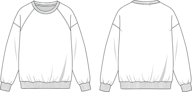Oversized Crewneck Sweatshirt Flat Technical Sketch Vector Illustration Front and Back View Blank Raglan Sleeve Apparel Fashion Template Design Mockup