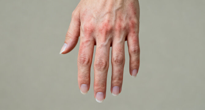 A close-up of a hand with red, irritated skin and visible veins, set against a neutral gray background, conveying discomfort or dryness.