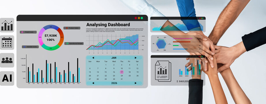 Finance dashboard with charts, calendar, and performance metrics for business cost management and analysis Parse