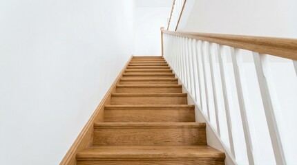 Fototapeta premium Light wooden staircase ascending between white walls, clean minimalist design with wooden treads, risers, and handrail supported by white balusters, perspective from bottom upward emphasizing geometry