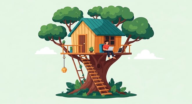 Colorful treehouse with green roof.
