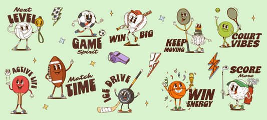 Obraz premium Sports y2k groovy stickers and funky labels. Vector badge or patch set with retro slogans and mascot of ball, racket, shuttlecock, whistle and trophy medal. Tennis football baseball basketball or golf