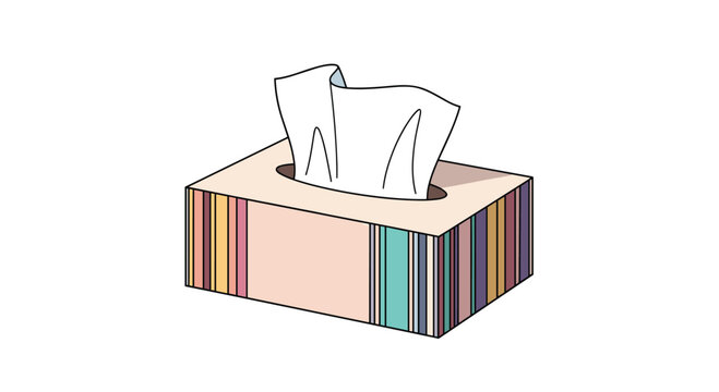 Stylish cardboard tissue box with a multi colored vertical stripe pattern and white facial tissues popping out for home and office use.