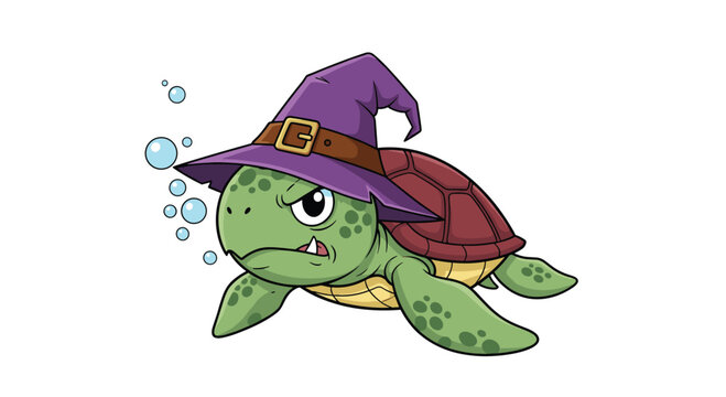 Grumpy green sea turtle character wearing a purple witch hat and blowing bubbles while swimming on a white background.