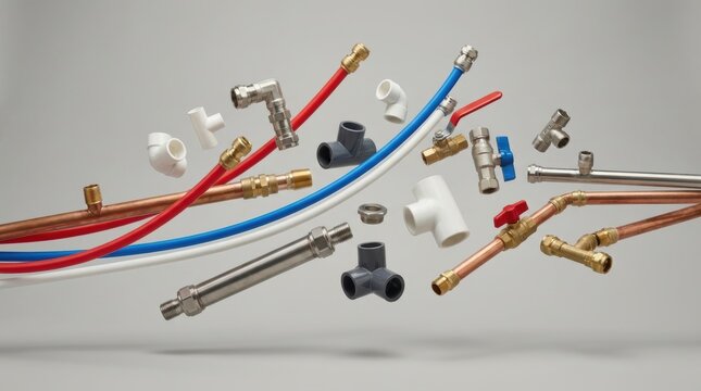 Various plumbing pipes fittings and connectors including copper PEX PVC and metal on a light grey background